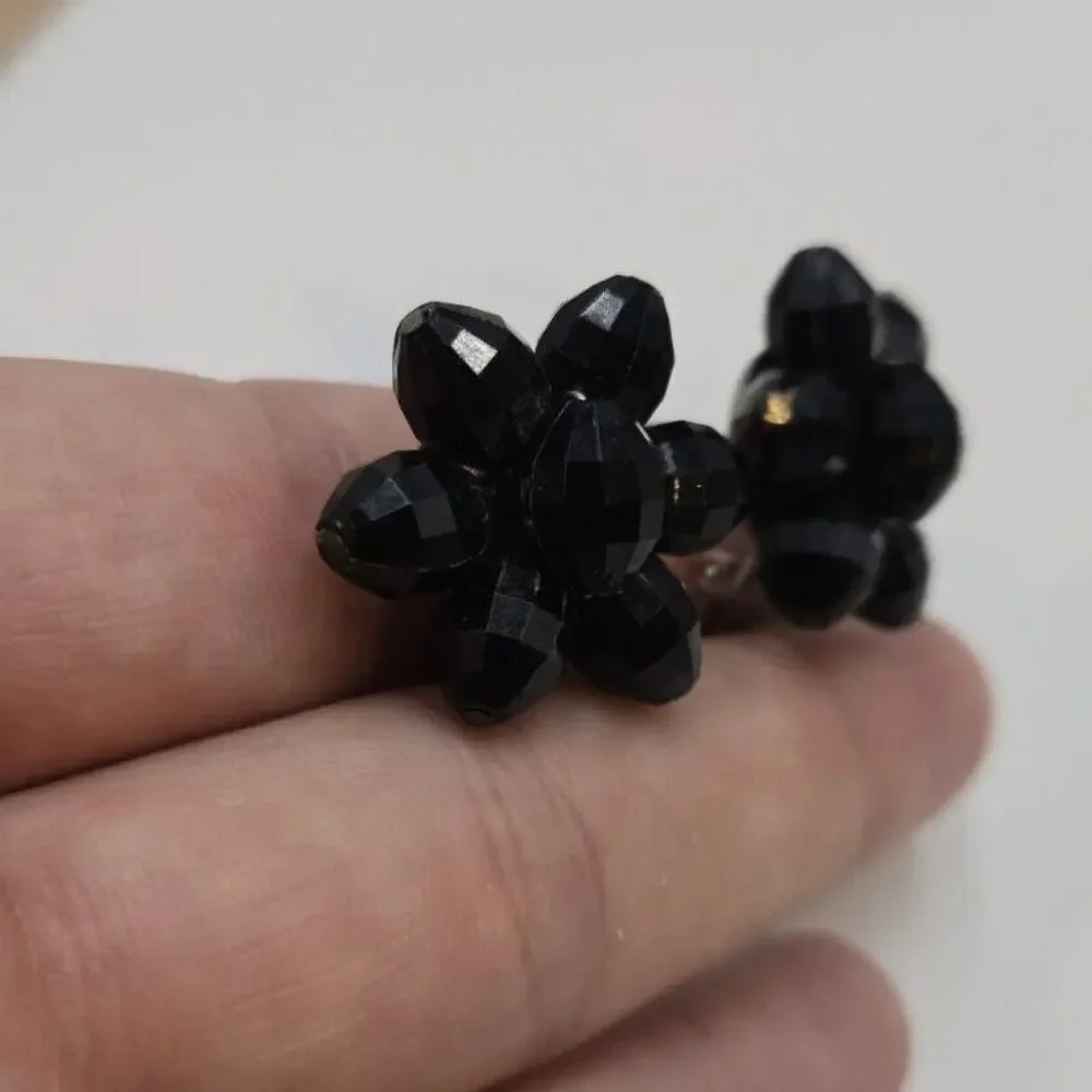 Vintage West Germany Black Acrylic Beaded Clip On Earrings Floral Flower